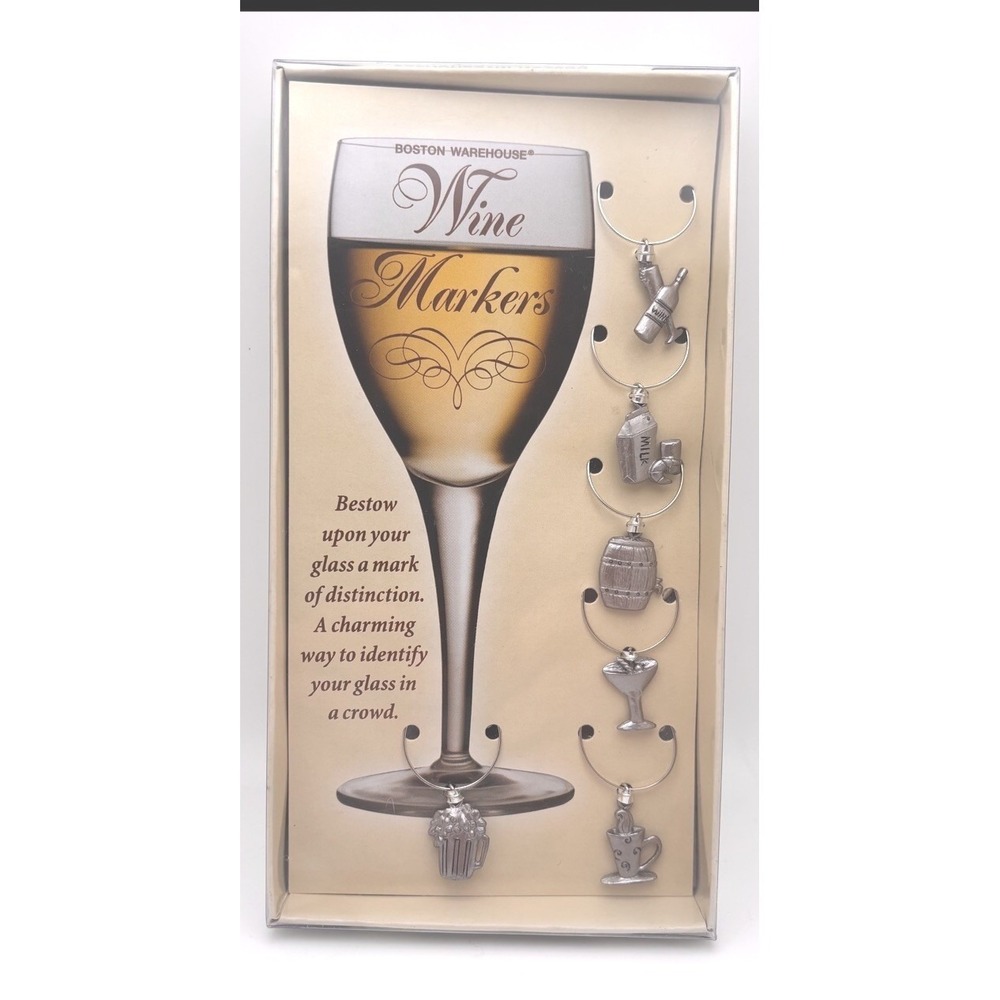 Boston Warehouse Wine Markers Set of 6 Metal Drink Charms Vintage 2001 18337‎